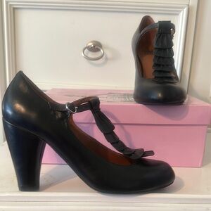 Classic Black Leather Heels with T-Strap